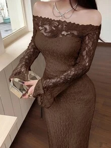 Feyla Women's Solid Color Off-Shoulder Lace Patchwork Elegant Long Sleeve Dress - Coffee Brown - View 3
