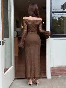 Feyla Women's Solid Color Off-Shoulder Lace Patchwork Elegant Long Sleeve Dress - Coffee Brown - View 2