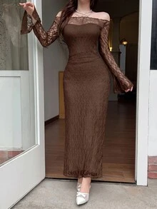 Feyla Women's Solid Color Off-Shoulder Lace Patchwork Elegant Long Sleeve Dress - Coffee Brown - View 6