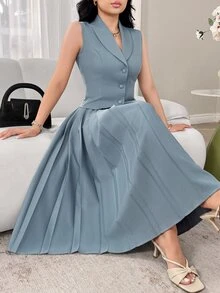 Feyla 女士优雅纯色无袖上衣和百褶裙两件套 - 藍色 - 查看 3