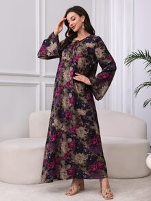 Al Najma Cotton Floral Print Lace-Up Collar Comfortable Dress,Modest - Purple - View 8