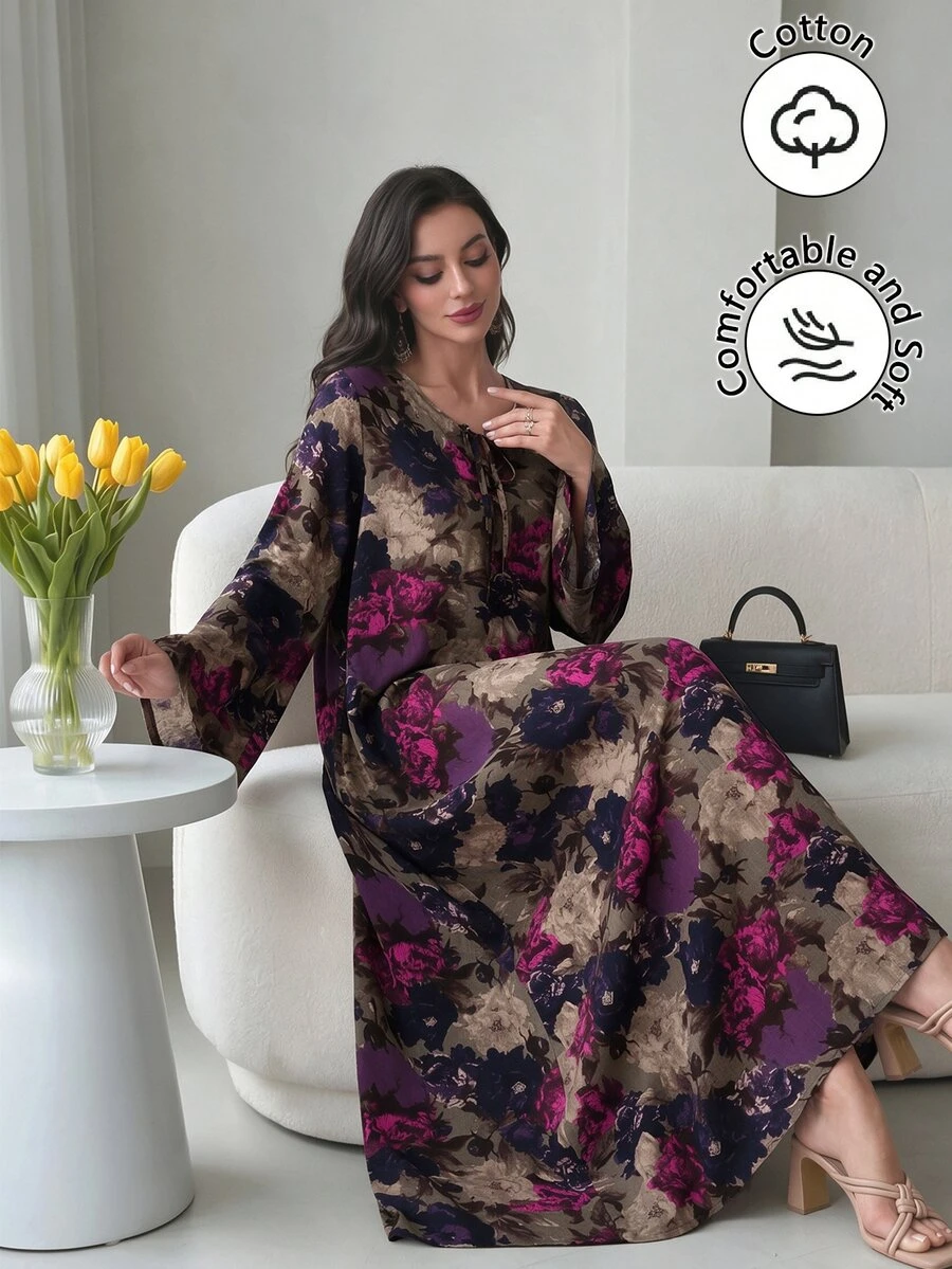 Al Najma Cotton Floral Print Lace-Up Collar Comfortable Dress,Modest - Purple - View 1