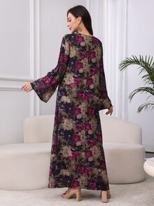 Al Najma Cotton Floral Print Lace-Up Collar Comfortable Dress,Modest - Purple - View 4