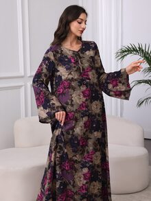 Al Najma Cotton Floral Print Lace-Up Collar Comfortable Dress,Modest - Purple - View 3