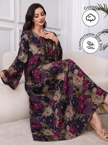 Al Najma Cotton Floral Print Lace-Up Collar Comfortable Dress,Modest - Purple - View 6