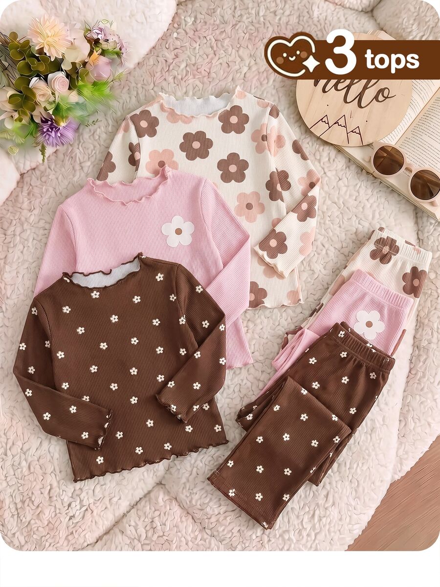 SHEIN Babygirl Cute Casual Versatile Knitted Floral Pattern Long Sleeve Top Pcs - Multicolor - View 1