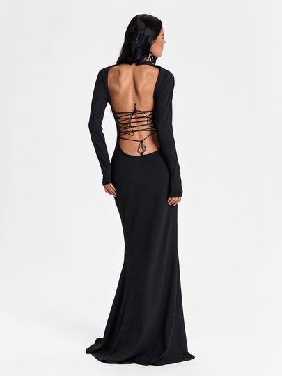 ROMWE Y2K Women Solid Choker Neck Mermaid Hem Maxi Dress