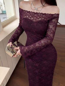 Feyla 女款蕾絲露肩喇叭袖修身優雅性感洋裝，適合酒吧、派對、晚餐，酒紅色，秋季 - 紫色 - 查看 3