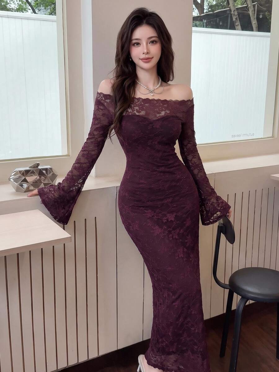 Feyla 女款蕾絲露肩喇叭袖修身優雅性感洋裝，適合酒吧、派對、晚餐，酒紅色，秋季