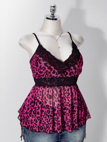 SHEIN ICON Women's Plus Size Y2K Millennium Style Contrast Lace Leopard Print Camisole Tank Top - Hot Pink - View 9