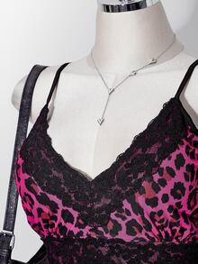 SHEIN ICON Women's Plus Size Y2K Millennium Style Contrast Lace Leopard Print Camisole Tank Top - Hot Pink - View 6