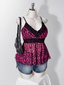 SHEIN ICON Women's Plus Size Y2K Millennium Style Contrast Lace Leopard Print Camisole Tank Top - Hot Pink - View 8