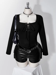SHEIN ICON Women's Plus Size Black T-Shirt With Eyelet Tie Neckline And Curved Hem Fall - Black - View 11