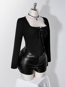 SHEIN ICON Women's Plus Size Black T-Shirt With Eyelet Tie Neckline And Curved Hem Fall - Black - View 3