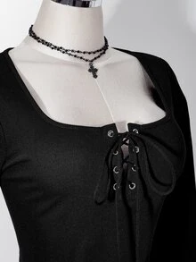 SHEIN ICON Women's Plus Size Black T-Shirt With Eyelet Tie Neckline And Curved Hem Fall - Black - View 6