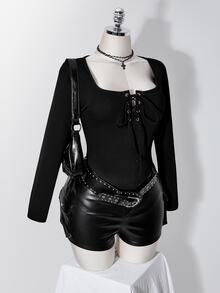 SHEIN ICON Women's Plus Size Black T-Shirt With Eyelet Tie Neckline And Curved Hem Fall - Black - View 10