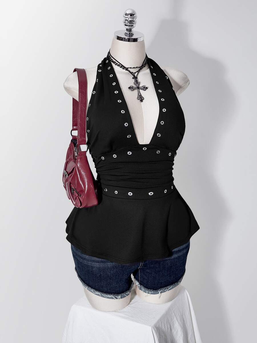 SHEIN ICON Women's Plus Size Metal Eyelet Pleated Halter Neck Tie Tank Top - Black - View 1