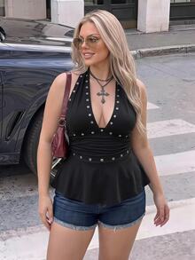 SHEIN ICON Women's Plus Size Metal Eyelet Pleated Halter Neck Tie Tank Top - Black - View 2