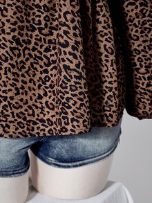 SHEIN ICON 女款大尺碼豹紋前打結襯衫 秋季 - 棕色 - 查看 10