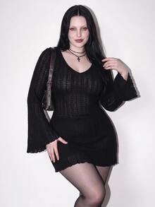 SHEIN ICON 女款大尺碼麻花編織V領黑色洋裝 秋季 - 黑色 - 查看 2