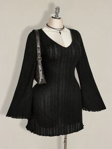 SHEIN ICON 女款大尺碼麻花編織V領黑色洋裝 秋季 - 黑色 - 查看 1