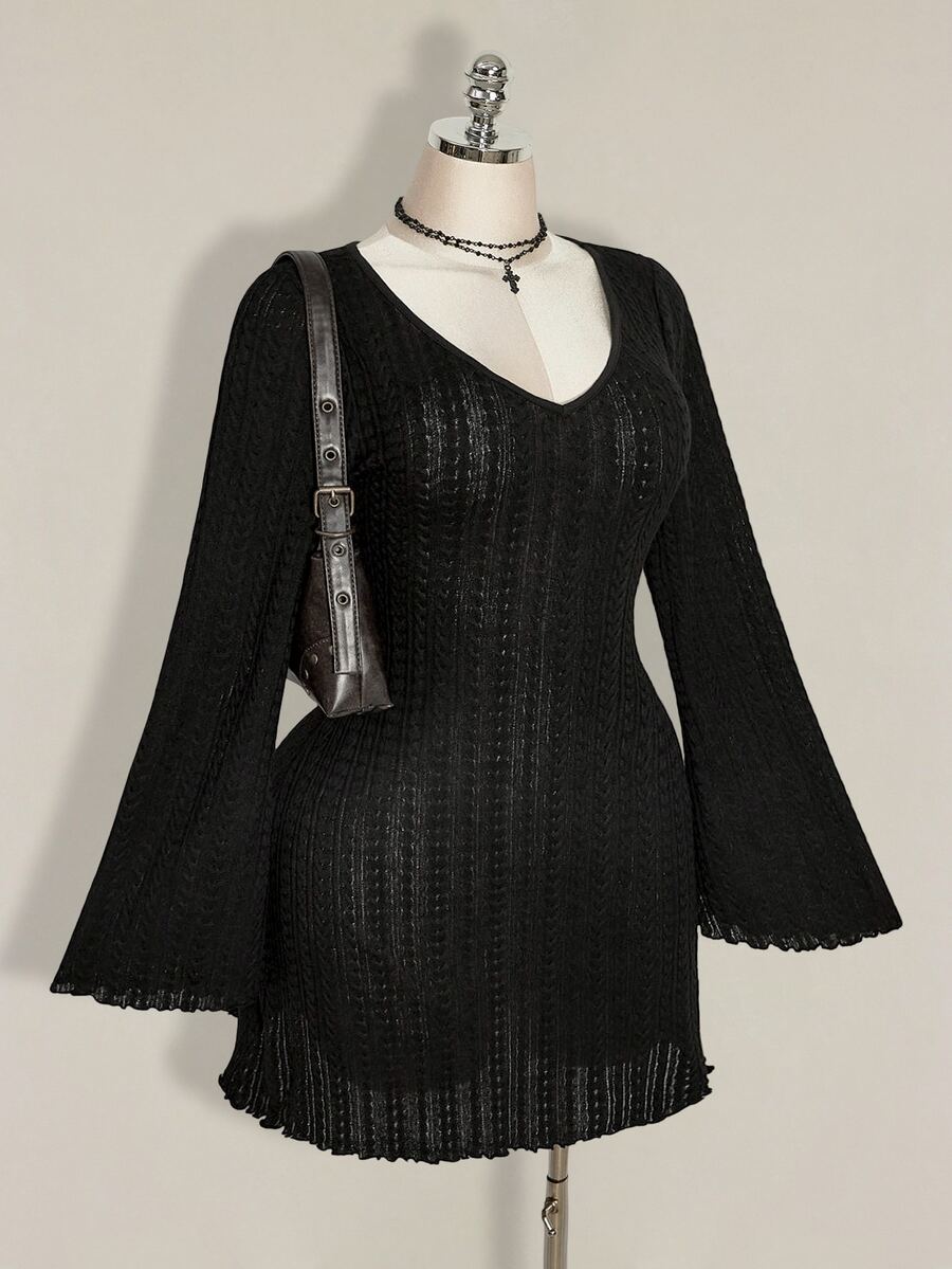 SHEIN ICON 女款大尺碼麻花編織V領黑色洋裝 秋季 - 黑色 - 查看 1
