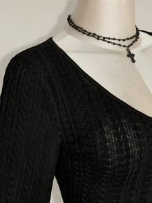 SHEIN ICON 女款大尺碼麻花編織V領黑色洋裝 秋季 - 黑色 - 查看 8