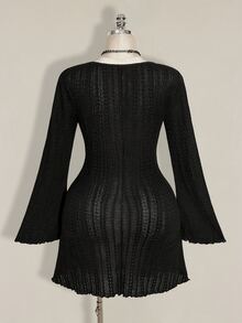 SHEIN ICON 女款大尺碼麻花編織V領黑色洋裝 秋季 - 黑色 - 查看 5