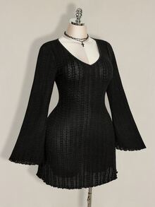 SHEIN ICON 女款大尺碼麻花編織V領黑色洋裝 秋季 - 黑色 - 查看 6