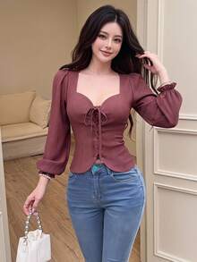 Feyla Women's Solid Color Eyelet Tie Design Long Sleeve Fashion Shirt - Dusty Pink - View 1