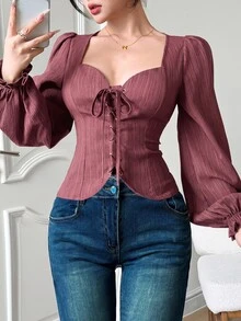 Feyla Women's Solid Color Eyelet Tie Design Long Sleeve Fashion Shirt - Dusty Pink - View 3