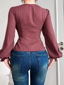 Feyla Women's Solid Color Eyelet Tie Design Long Sleeve Fashion Shirt - Dusty Pink - View 2