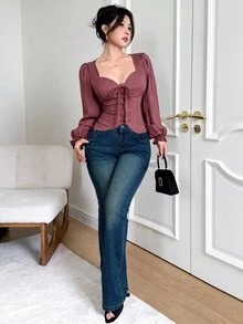 Feyla Women's Solid Color Eyelet Tie Design Long Sleeve Fashion Shirt - Dusty Pink - View 6
