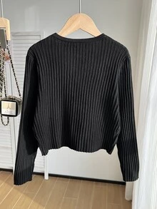 SHEIN 青少年女孩黑色細蝴蝶結針織開襟開衫，適合搭配細肩帶洋裝與上衣，可愛校園秋季外穿外套 - 黑色 - 查看 3