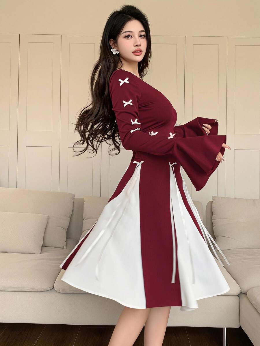 Feyla Women's Autumn Round Neck Bow Decor Flare Sleeve Color-Block Elegant Mini Dress,Sun Dress - Burgundy - View 1