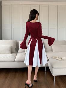Feyla Women's Autumn Round Neck Bow Decor Flare Sleeve Color-Block Elegant Mini Dress,Sun Dress - Burgundy - View 3