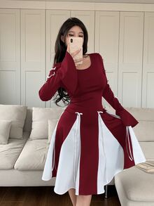 Feyla Women's Autumn Round Neck Bow Decor Flare Sleeve Color-Block Elegant Mini Dress,Sun Dress - Burgundy - View 2