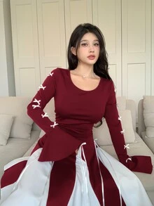 Feyla Women's Autumn Round Neck Bow Decor Flare Sleeve Color-Block Elegant Mini Dress,Sun Dress - Burgundy - View 5