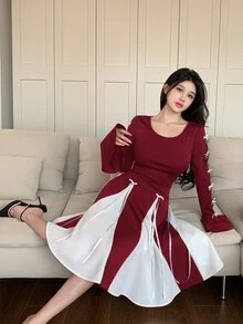 Feyla Women's Autumn Round Neck Bow Decor Flare Sleeve Color-Block Elegant Mini Dress,Sun Dress - Burgundy - View 4