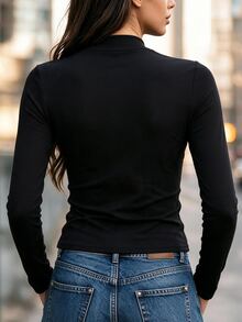 SHEIN Women's Autumn/Winter Black Deep V-Neck Thermal-Lined Fitted Long Sleeve Slimming Tight Inner Layer Knit Top, Commuter Outfit - Black - View 3