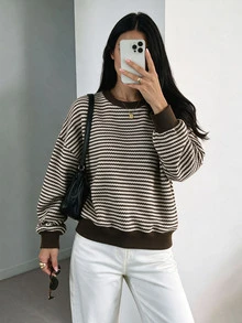 Modelyn 女款春秋棕白條紋圓領落肩長袖衛衣 羅紋袖口下擺 寬鬆休閒套頭上衣 日常外出穿搭 - 彩色 - 查看 2