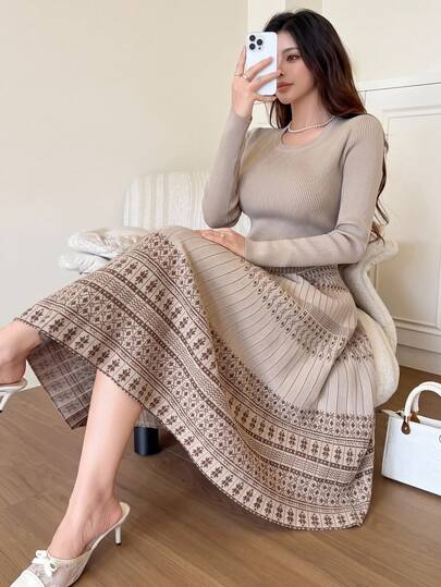 Feyla Vestido de punto para mujer con estampado geométrico plisado casual francés maduro elegante para uso diario fiesta de té brunch cotidiano otoño a cuadros marrón