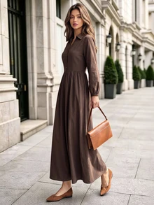 Editum Women's Coffee Brown Elegant Commute Casual Shirt-Style V-Neck Long Dress With Button Decor And Ruched Detail, Slimming And Neck-Elongating - Coffee Brown - View 3