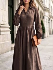 Editum Women's Coffee Brown Elegant Commute Casual Shirt-Style V-Neck Long Dress With Button Decor And Ruched Detail, Slimming And Neck-Elongating - Coffee Brown - View 6