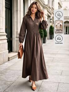 Editum Women's Coffee Brown Elegant Commute Casual Shirt-Style V-Neck Long Dress With Button Decor And Ruched Detail, Slimming And Neck-Elongating - Coffee Brown - View 4