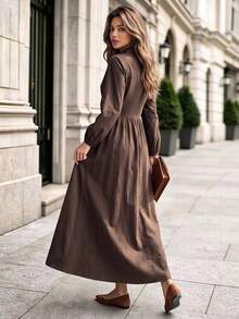 Editum Women's Coffee Brown Elegant Commute Casual Shirt-Style V-Neck Long Dress With Button Decor And Ruched Detail, Slimming And Neck-Elongating - Coffee Brown - View 2