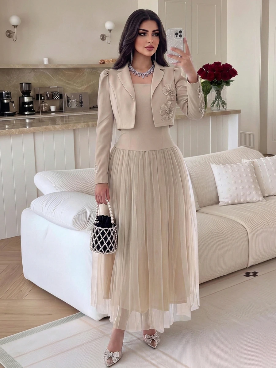 Feyla Design Mesh Patchwork Waist-Cinched Dress With Cropped Long Sleeve Jacket, Handmade 3D Floral Set, Elegant For Commute And Party