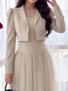 Feyla Design Mesh Patchwork Waist-Cinched Dress With Cropped Long Sleeve Jacket, Handmade 3D Floral Set, Elegant For Commute And Party - Khaki - View 3