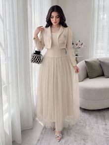 Feyla Design Mesh Patchwork Waist-Cinched Dress With Cropped Long Sleeve Jacket, Handmade 3D Floral Set, Elegant For Commute And Party - Khaki - View 4