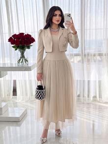 Feyla Design Mesh Patchwork Waist-Cinched Dress With Cropped Long Sleeve Jacket, Handmade 3D Floral Set, Elegant For Commute And Party - Khaki - View 7